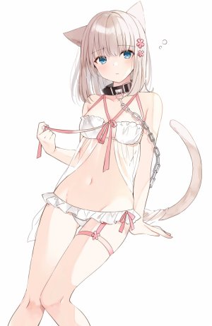 原创,yon,兽耳,露肩,碧眼,胸部,猫耳,猫娘,猫尾,锁链,发饰,lingerie,视线正对,露脐,胖次,缎带,银发,貧乳,single,下着,白背景