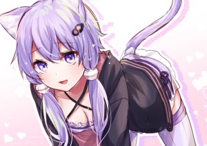 結月ゆかり,VOICEROID,北彩あい,兽耳,前发,胸部,猫耳,猫娘,猫尾,cleavage,连衣裙,发饰,长发,视线正对,横乳,開いた口,紫色眼,紫发,笑顔,single,黑丝