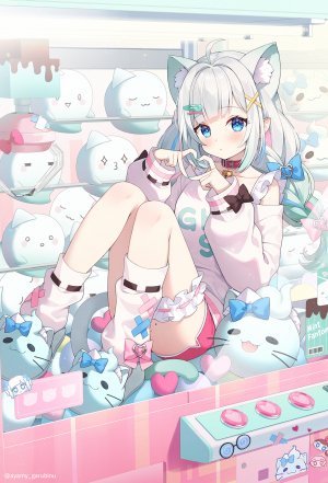 ミント心霊写真,densetsu.exe,ayamy,兽耳,铃,碧眼,青发,三股辫,猫耳,猫娘,猫尾,项圈,绿发,发饰,长发,视线正对,粉发,尖耳,坐姿,single,针织衫,Vtuber,白发