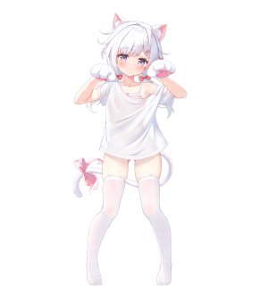 浅痕,フランドル,碧蓝航线,兽耳,bra,猫耳,猫娘,猫尾,全身,发饰,胖次,紫色眼,衬衫,silhouette,single,丝袜,双马尾,下着,白背景,白发,白丝