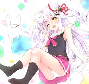 shiyou,原创,ふぇありぃあい,兽耳,前发,铃,黑丝,脸红,发饰,长发,仮面,闭只眼,開いた口,胖次,缎带,衬衫,短裙,笑顔,single,下着,白发,黄色眼