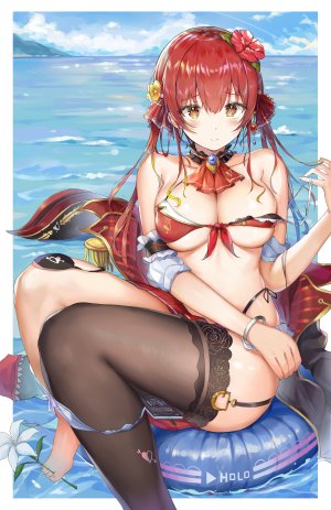 宝鐘マリン,Hololive,前发,露肩,水着,脸红,胸部,棕色眼,发饰,巨乳,长发,视线正对,缎带,天空,笑顔,single,泳装,黑丝,Vtuber