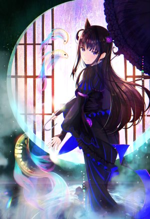 Fate系列,fate/grand_order,紫式部,smile2007h,长发,single,長身像,脸红,视线正对,前发,茶发,笑顔,紫色眼,holding,回头看