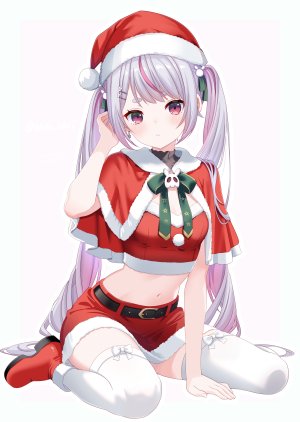 Vtuber,vspo!,兎咲ミミ,とけたせかい,single,長身像,脸红,坐姿,双马尾,银发,全身,超长发,圣诞节,少女,丝袜,短裙,迷你短裙,白丝