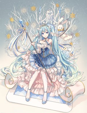 VOCALOID,初音ミク,雪ミク,雪未来,雪ミク2019,ixima,single,長身像,视线正对,碧眼,双马尾,青发,全身,少女,连衣裙,动物