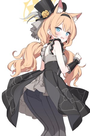 伊落玛丽,蔚蓝档案,jyt,兽耳,碧眼,脸红,breasts,猫耳,猫娘,项圈,连衣裙,光晕,长发,视线正对,開口,胖次,裤袜,rose,single,双马尾,下着,白背景