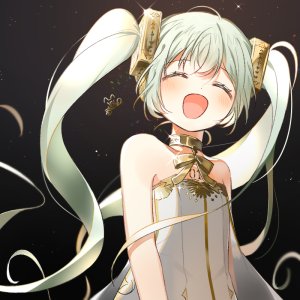 初音ミク,VOCALOID,yalmyu,露肩,连衣裙,黄金,发饰,长发,開いた口,缎带,笑顔,闪亮,tattoo