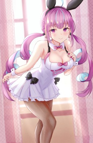 Vtuber,Hololive,湊あくあ,ぱにぽ,长发,single,長身像,脸红,视线正对,前发,胸部,笑顔,双马尾,露肩,紫色眼,巨乳,紫发,兽耳