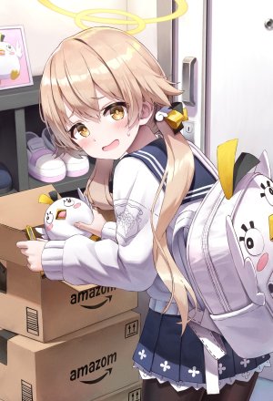 阿慈谷ヒフミ,蔚蓝档案,SuperPig,脸红,茶发,光晕,holding,长发,长袖,视线正对,回头看,開口,裤袜,学校制服,短裙,笑顔,single,双马尾,黄色眼