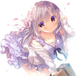 原创,ゆき恵,前发,脸红,胸部,棕色眼,连衣裙,发饰,holding,长发,长袖,视线正对,横乳,花瓣,single,白背景