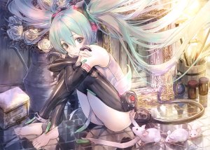 EKマサト,初音ミク,miku_append,VOCALOID,动物,裸足,碧眼,青发,長手袋,手套,长发,tattoo,双马尾,reflection