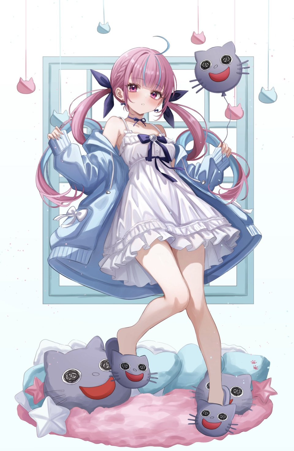 湊あくあ にゃくあーと Hololive Sa-ya2 呆毛 直刘海 三股辫 项圈