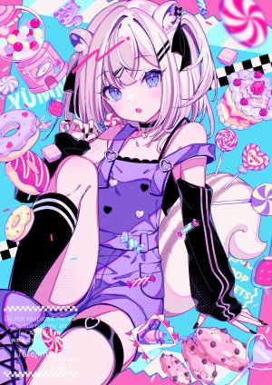 たてじまうり,原创,兽耳,露肩,金发,碧眼,脸红,项圈,发饰,holding,kneehighs,长袖,视线正对,開口,缎带,坐姿,single