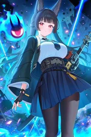 绿茶の袋子,绝区零,星見雅,兽耳,脸红,前发,黑发,黑丝,短裙,武器