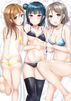 morerin,国木田花丸,津岛善子,渡辺曜,LoveLive!Sunshine!!,bra,cleavage,胖次,黑丝