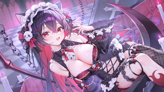 独立虚拟YouTuber,alllisso,黑发,breasts,锁链,cleavage,恶魔娘,发饰,horns,长发,视线正对,女仆,露脐,项链,红色眼,Skull,single,丝袜