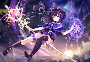 魔女之吻乃百合之味,teeth_bro,dice,全身,holding,长发,视线正对,紫色眼,紫发,single,丝袜,超长发
