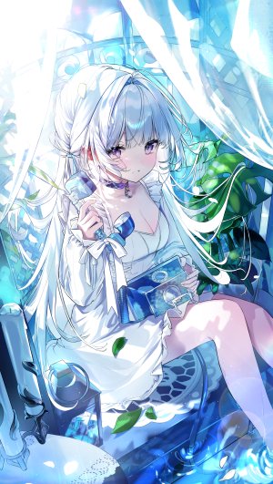 原创,eumi으미,脸红,breasts,项圈,cleavage,连衣裙,holding,长发,视线正对,紫发,坐姿,single,白发