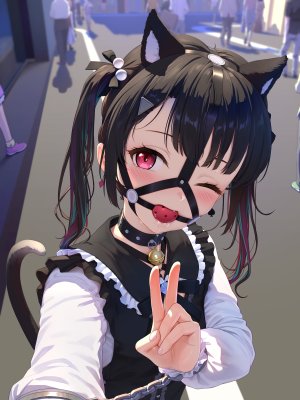 原创,tokinohimitsu,长发,長身像,视线正对,前发,脸红,黑发,双马尾,兽耳,直刘海,挤眼,猫娘,猫尾,少女,铃