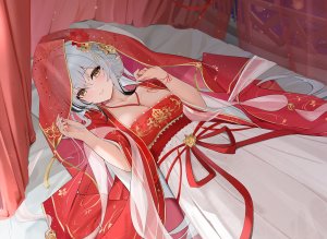 海天,碧蓝航线,qing_wu,黑发,脸红,breasts,汉服,cleavage,连衣裙,灰发,发饰,视线正对,横臥,single,婚纱,黄色眼