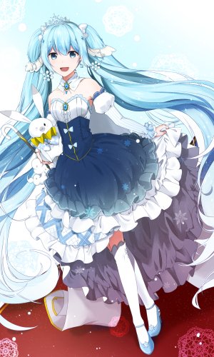 初音ミク,雪未来,雪ミク,雪ミク2019,VOCALOID,so_ra_01_02,前发,碧眼,青发,胸部,连衣裙,全身,kneehighs,长发,长袖,视线正对,開いた口,貧乳,笑顔,single,双马尾,白丝