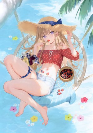 eshi_100_nin_ten,原创,mignon,金发,ブルーベリーノ,三股辫,全身,视线正对,露脐,紫色眼,缎带,衬衫,坐姿,single,草莓
