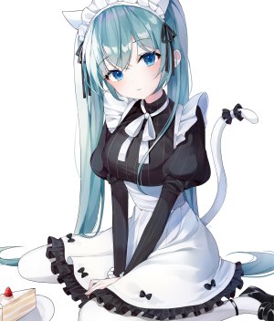 初音ミク,VOCALOID,moka_01,兽耳,碧眼,青发,脸红,胸部,猫耳,猫尾,巨乳,长发,视线正对,女仆,缎带,衬衫,坐姿,single,草莓,双马尾,白背景