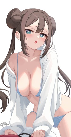 精灵宝可梦,pokemon_bw2,ramchi,水着,碧眼,脸红,bra,breasts,茶发,双团子头,包子頭,长发,胖次,single,泳装,双马尾,下着,白背景