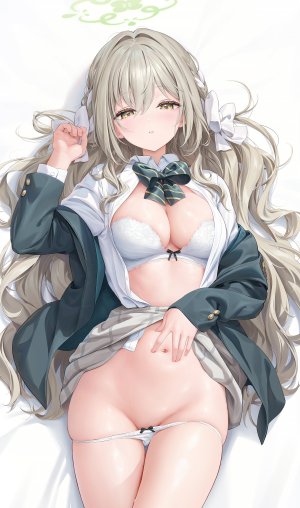 ほうき星,蔚蓝档案,脸红,bra,breasts,茶发,cleavage,光晕,长发,长袖,视线正对,横臥,露脐,开衫,胖次,panty_pull,衬衫,single,下着,超长发