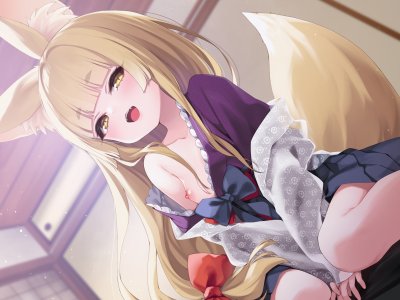 fumii,兽耳,breasts,和服,妖狐,萝莉,nipples,No-Bra