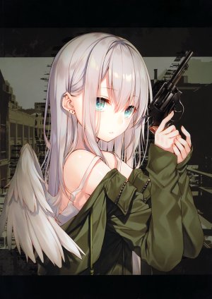 原创,遠坂あさぎ,长发,single,長身像,脸红,视线正对,碧眼,前发,露肩,holding,银发