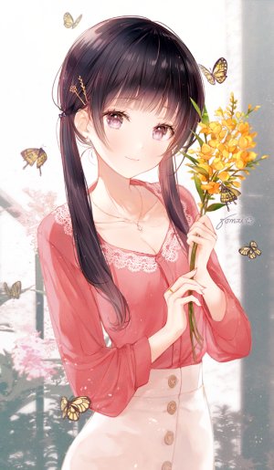 原创,gomzi,动物,黑发,胸部,蝴蝶,cleavage,发饰,holding,长发,长袖,横乳,指环,衬衫,短裙,笑顔,single,双马尾