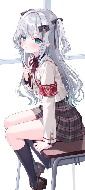 花芽すみれ,vspo!,北乃ゆきと,灰发,holding,kneehighs,长发,视线正对,学校制服,坐姿,短裙,single,超长发,Vtuber