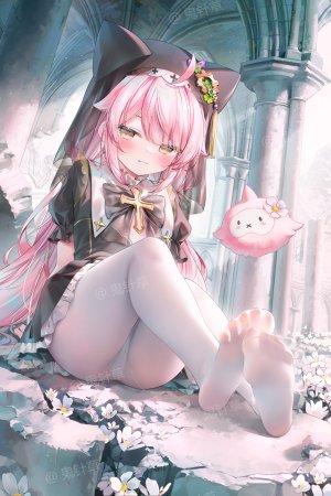 ace_taffy,独立虚拟YouTuber,鬼針草,呆毛,兽耳,脸红,cross,连衣裙,全身,发饰,长发,视线正对,胖次,裤袜,粉发,坐姿,single,下着,超长发,黄色眼