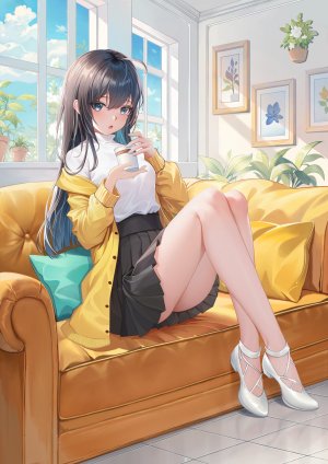 原创,yuan13597,single,长发,長身像,视线正对,前发,開口,碧眼,黑发,坐姿,holding,天空,全身,呆毛,长袖,褶皱裙,少女,短裙,迷你短裙,针织衫,开衫