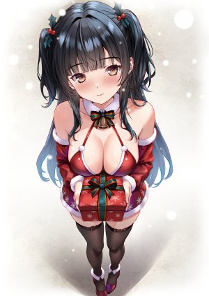 原创,sawwei005,single,长发,長身像,视线正对,前发,脸红,breasts,黑发,露肩,棕色眼,直刘海,圣诞节,少女,丝袜,黑丝,铃