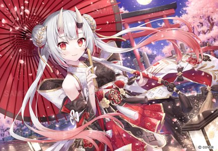 百鬼菖蒲,Hololive,gabiran,樱花,双团子头,灰发,包子頭,holding,和服,长发,邪鬼,花瓣,褶皱裙,红色眼,短裙,笑顔,single,双马尾,雨伞,Vtuber
