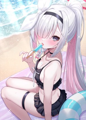 fukemachi,蔚蓝档案,普拉娜,萝莉,泳装,长发,海滩,脸红