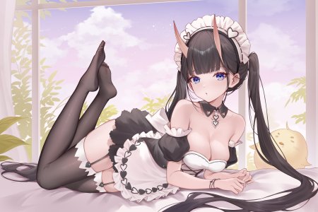 碧蓝航线,Manjuu,能代,negi_kome,single,highres,breasts,碧眼,茶发,双马尾,cleavage,天空,全身,超长发,女仆,恶魔娘,少女,丝袜,制服,黑丝,长发,reclining