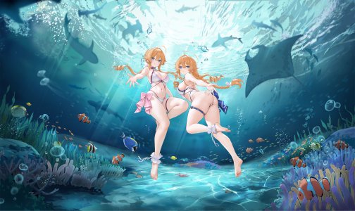 DATE·A·LIVE,碧蓝航线,八舞夕弦,八舞耶倶矢,yamai_yuzuru,yamai_kaguya,长发,视线正对,前发,breasts,碧眼,笑顔,金发,cleavage,全身,呆毛,少女,露脐,泳装,动物,水着,锁,シャーク