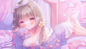 propro_production,omochi_monaka,脸红,breasts,茶发,开衫,cleavage,连衣裙,全身,耳机,长袖,视线正对,横臥,紫色眼,缎带,single,双马尾,Vtuber