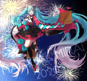 初音ミク,VOCALOID,mizuamemochimochi,黑丝,碧眼,全身,发饰,和服,长发,视线正对,魔法未来演唱会,開いた口,短裙,天空,笑顔,single,双马尾,浴衣