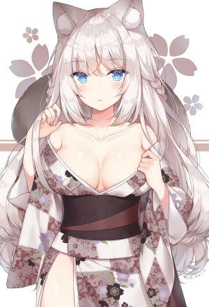 原创,Ayuanlv,兽耳,露肩,碧眼,三股辫,胸部,猫耳,樱花,cleavage,和服,巨乳,长发,长袖,视线正对,No-Bra,オビ,银发,single,白背景