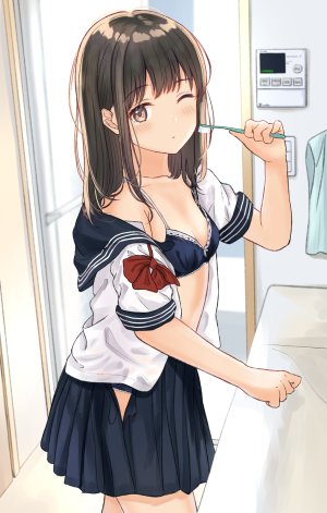原创,ぶれんぼ,黑发,脸红,bra,breasts,棕色眼,holding,长发,挤眼,开衫,褶皱裙,学校制服,水手服,短裙,single,下着
