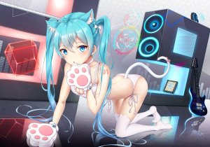 初音ミク,VOCALOID,airjun,兽耳,铃,碧眼,猫耳,猫尾,项圈,吉他,乐器,lingerie,视线正对,開いた口,缎带,黑丝,双马尾,下着