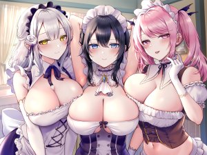 原创,ぽんたろ,围裙,露肩,黑发,碧眼,脸红,breasts,cleavage,長手袋,手套,发饰,视线正对,女仆,露脐,粉发,紫色眼,笑顔,双马尾,白发,黄色眼