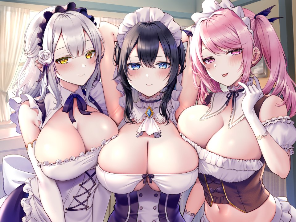 原创 ぽんたろ 围裙 露肩 黑发 碧眼 脸红 Breasts