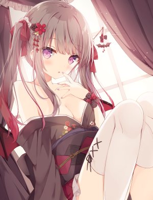 原创,hoshi,前发,露肩,脸红,胸部,茶发,cleavage,发饰,和服,视线正对,横乳,オビ,紫色眼,single,黑丝,双马尾,白丝,翅膀