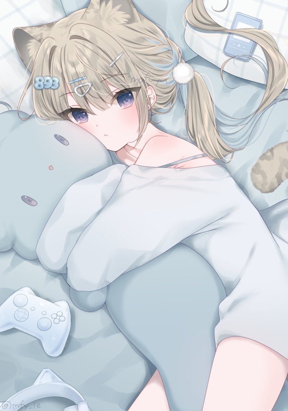 原创 まふゆ 兽耳 露肩 青发 脸红 茶发 猫耳