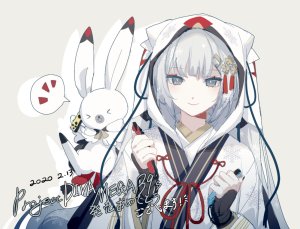 初音ミク,雪ミク,雪未来,VOCALOID,yamiluna39,兔子,发饰,和服,视线正对,银发,笑顔,雪ミク2018